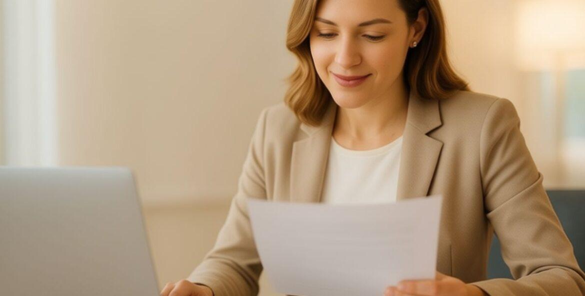 Mujer revisando un documento frente a laptop, contexto de reseñas y opiniones del Seguro Vida Mujer