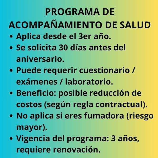 Checklist del programa de acompañamiento de salud en Metalife Mujer de MetLife: aplica desde el tercer año, se solicita 30 días antes y puede requerir estudios