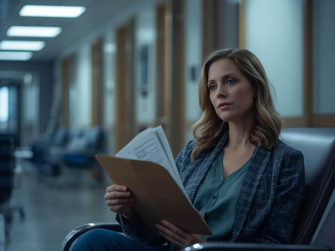 Mujer en clínica esperando estudios médicos, simbolizando la salud preventiva del seguro de vida Mujer Única AXA para mujeres