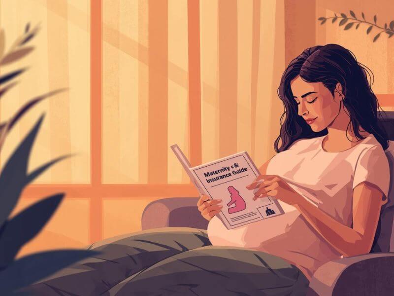 Mujer embarazada revisando información sobre seguro para embarazadas en un entorno cálido y tranquilo