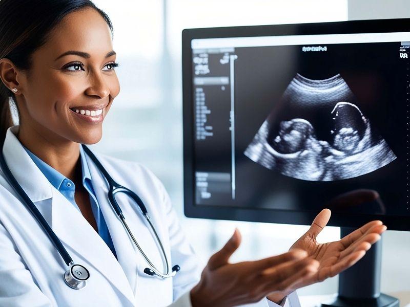 Doctora mostrando un ultrasonido de embarazo en pantalla, imagen para ilustrar beneficios de maternidad y estudios en Seguro Vida Mujer BBVA