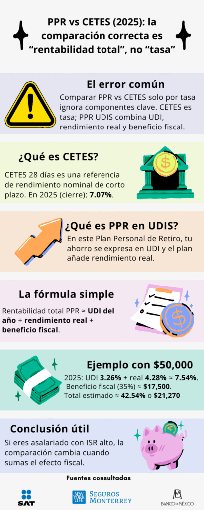 Infografía que explica la rentabilidad total al comparar PPR UDIS vs CETES 28 días en 2025, incluyendo UDI, rendimiento real y beneficio fiscal.