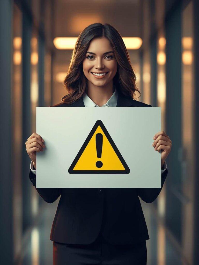 Mujer joven sosteniendo un cartel con ícono de advertencia para recordar revisar rescate y seguro saldado antes de cancelar Vida Mujer